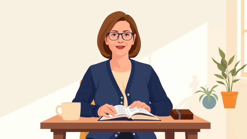 A friendly middle-aged white female church administrator sitting calmly at a simple wooden desk in a warm church office holding a single open paper notebook with short handwritten member names