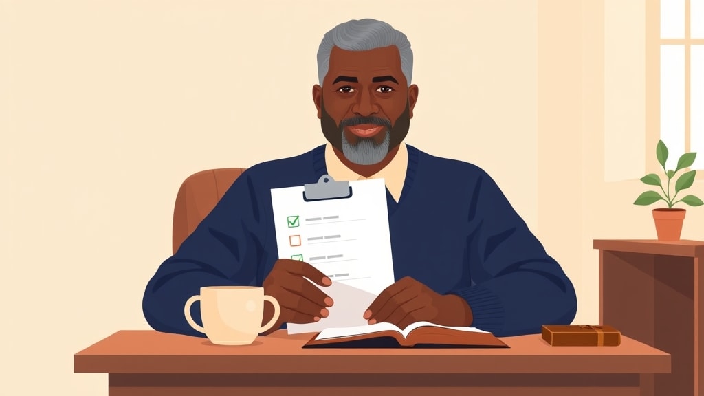 A friendly older African American male pastor sitting calmly at a simple wooden desk holding a single paper clipboard with a short checklist of family names and green checkmarks