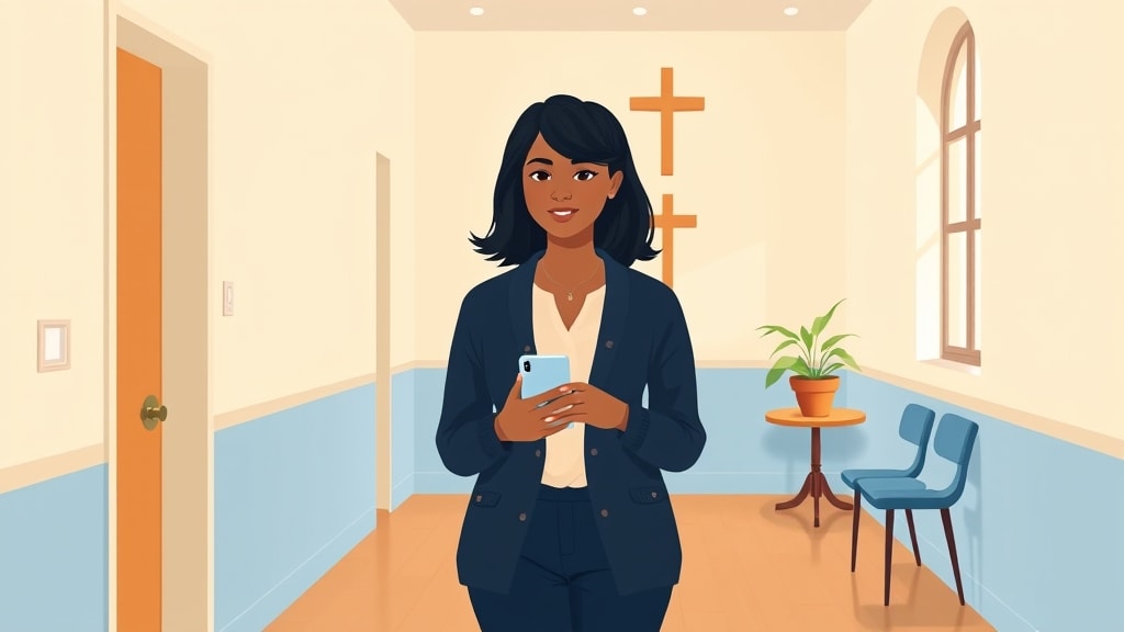A friendly young Hispanic female deacon walking calmly through a quiet church hallway holding a single phone in one hand at chest height while her other hand rests easily at her side