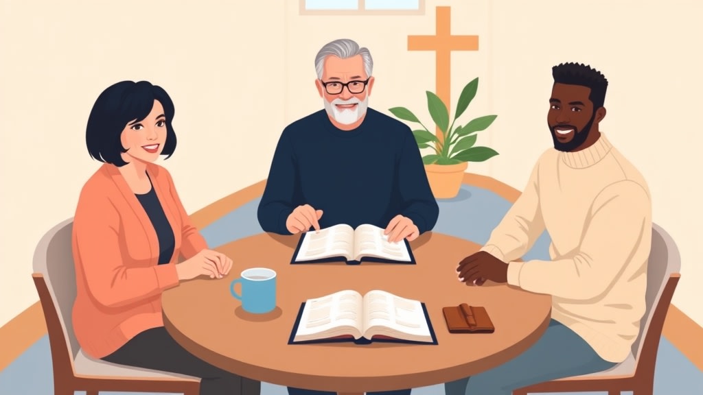 Three diverse church care team members sitting calmly around a simple round wooden table in a warm church meeting room with one member holding a single open paper planner with short handwritten entries