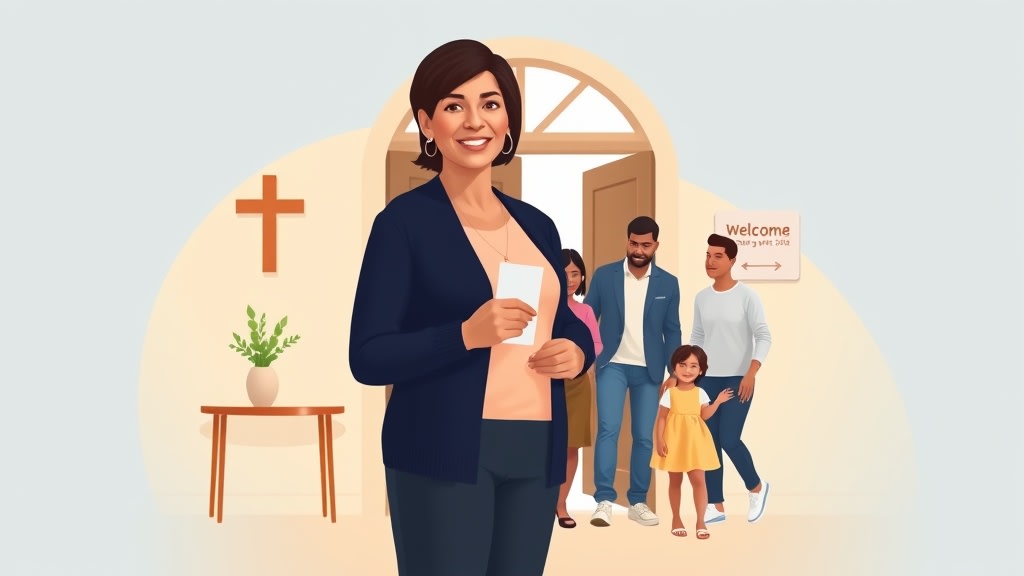 A friendly middle aged Hispanic woman greeter standing calmly inside a warm cream walled small church entry holding a single small connect card and looking thoughtfully toward a young family stepping in through the open wooden door