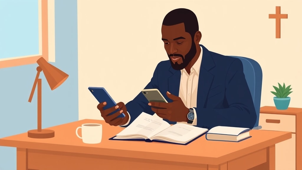 A friendly younger Black pastor sitting calmly at a simple wooden desk in a warm cream walled church office holding a single mobile phone in his left hand and looking thoughtfully down at a short handwritten note in front of him