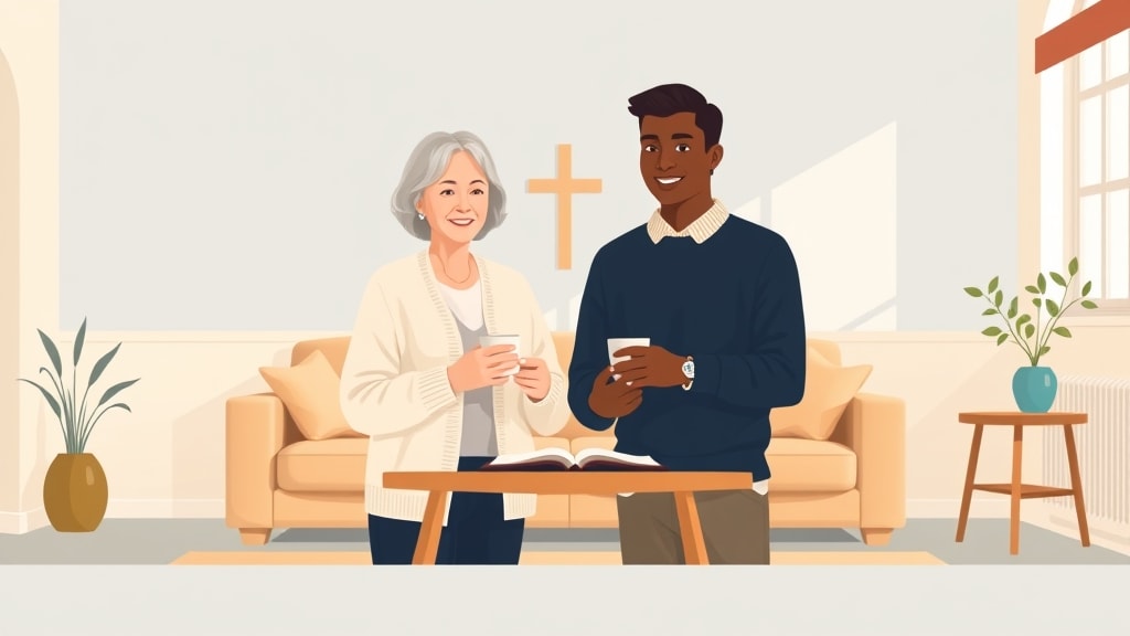 Two diverse small church care team members standing calmly side by side in a warm cream walled fellowship room looking together at a single short printed page held between them