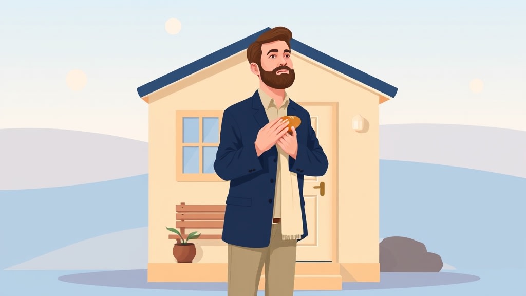 A friendly middle aged white deacon standing calmly on a simple front porch of a warm cream walled small home holding a single small loaf of bread wrapped in cloth and looking warmly toward the front door