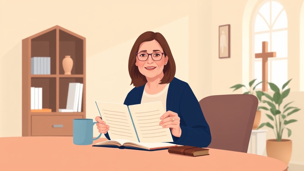 A friendly middle-aged white female care chair sitting calmly at a simple wooden desk in a warm church office holding a single open paper notebook with short handwritten family names