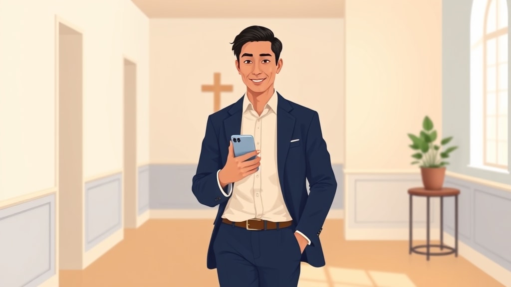 A friendly young Asian male pastor walking calmly through a quiet church hallway holding a single phone in one hand at chest height while his other hand rests easily at his side