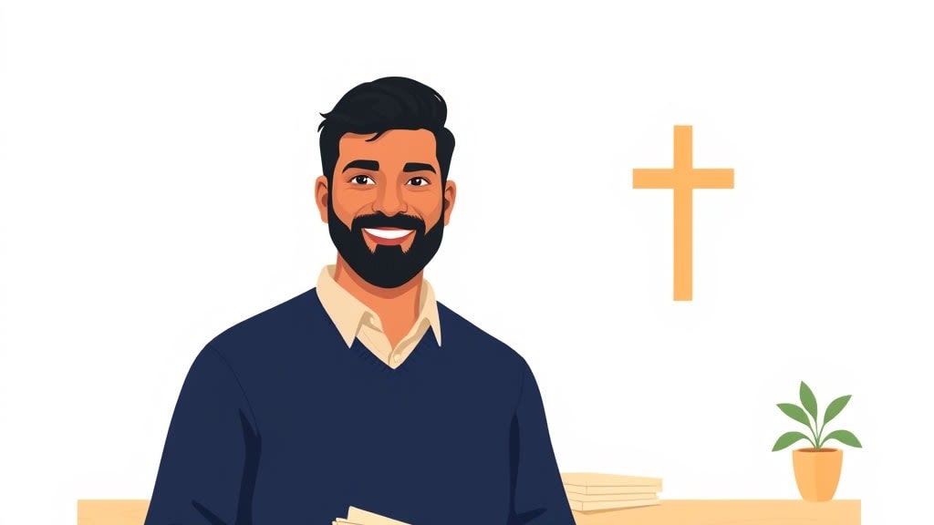 A friendly bearded middle aged Latino usher standing warmly beside a plain wooden church welcome table with a small stack of cream connection cards resting on it, both hands resting gently at his sides