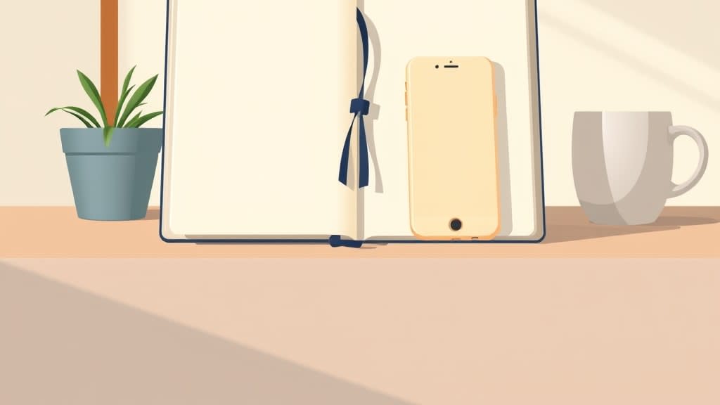 A single closed cream planner book with a small navy ribbon bookmark resting on a plain wooden desk beside a single closed cream cell phone in warm afternoon light, no people