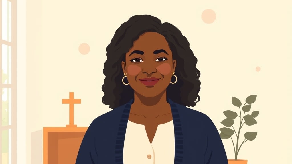 A friendly warm middle aged Black female care team volunteer standing calmly beside a plain wooden church office desk in a cream walled room with a small wooden cross on the wall, both hands resting gently at her sides