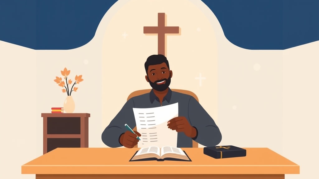 A diverse deacon chair sitting at a small desk reviewing a clean printed list of family names with a pen in hand