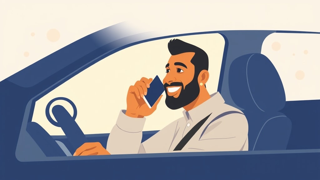 A deacon sitting in a car holding a phone to his ear, smiling warmly during a family check-in call