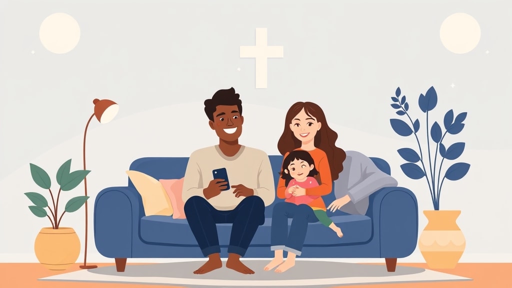 A multi-generational diverse family of four in a warm living room, one member holding a phone and smiling