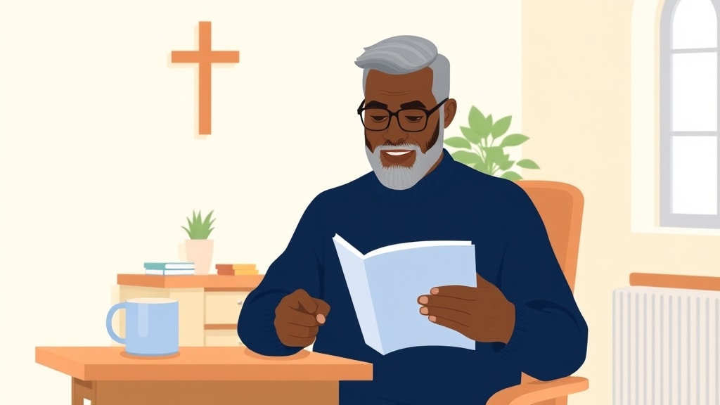 A friendly middle-aged African American deacon chair sitting at a simple wooden desk in a warm cream-walled church office, holding a single printed page with a list of family names
