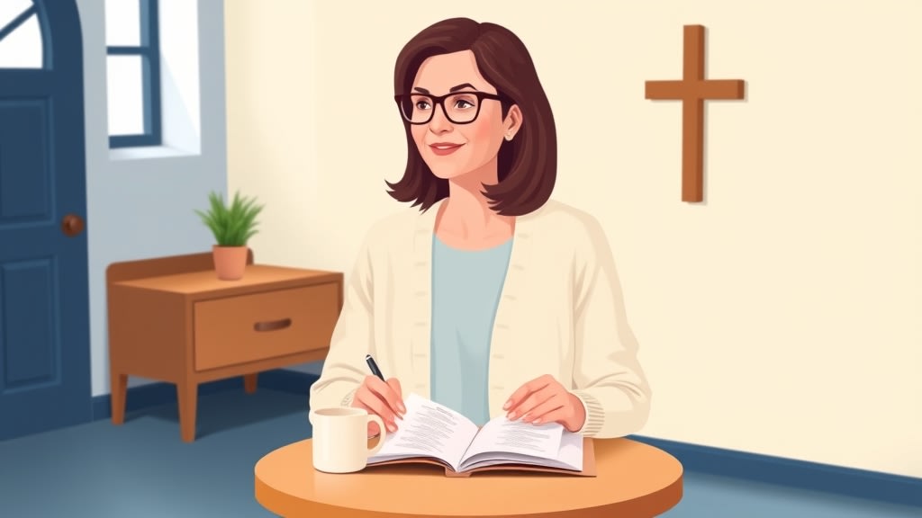 A friendly white woman church administrator sitting at a simple round wooden table in a quiet cream-walled fellowship hall, hands resting on a small bound notebook with a printed list inside