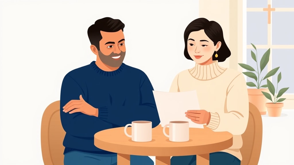A friendly Hispanic pastor and a middle-aged Asian deacon sitting side by side at a simple round wooden table looking together at a single printed family list page between them
