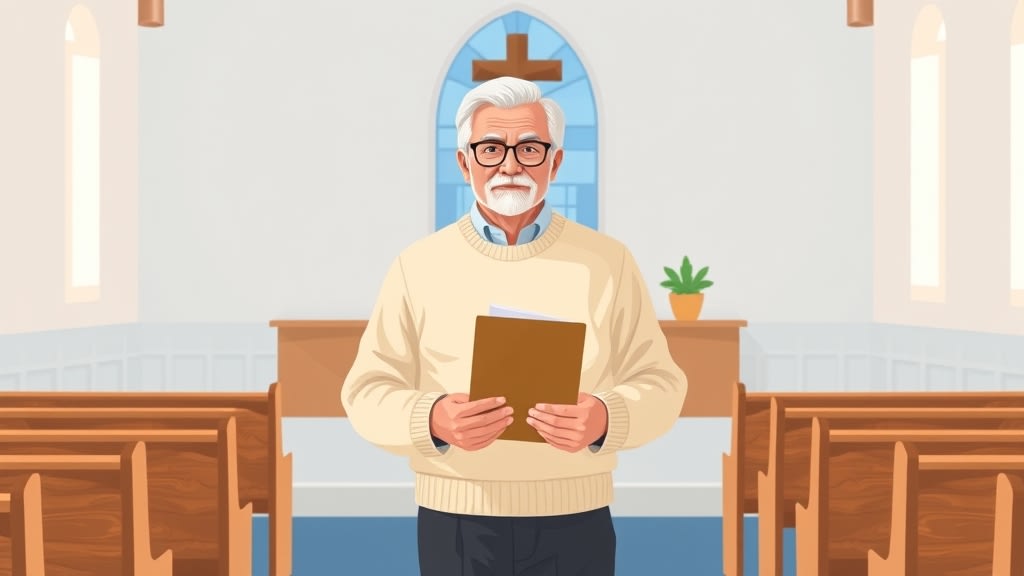 A friendly older white deacon chair standing calmly in a small white country church sanctuary, holding a simple wooden clipboard with a printed list of family names