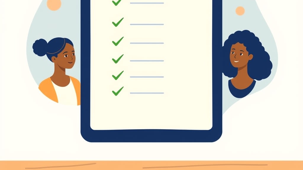 A single curated household list represented as a clipboard with simple name placeholders and a shepherd's staff beside it