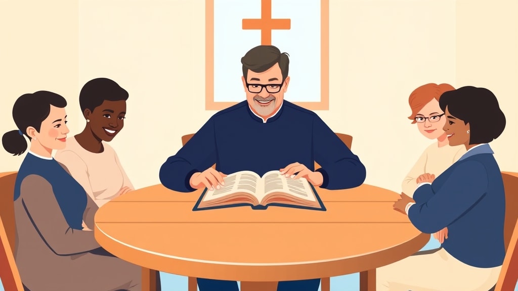 A pastor and three diverse deacons in a planning meeting around an open Bible at a wooden table