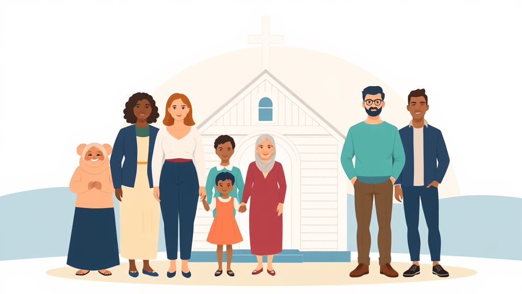 Multi-ethnic congregation of families standing in front of a small white church building