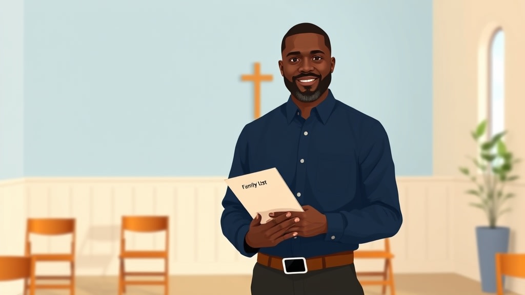 A friendly middle-aged Black deacon holding a single simple printed family list standing calmly in a warm cream-walled church fellowship hall
