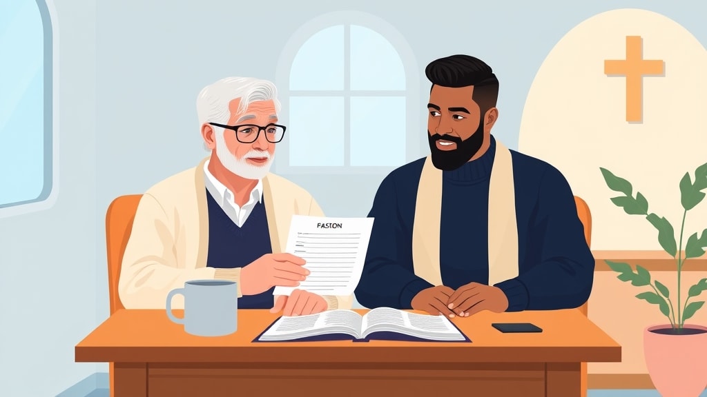 A friendly older white pastor and a middle-aged Hispanic deacon sitting side by side at a simple wooden desk looking together at a single printed household roster