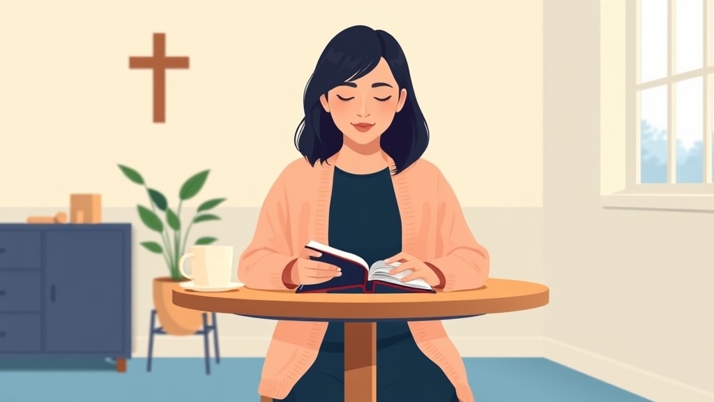 A young Asian woman deacon sitting calmly at a small round wooden table in a quiet church office holding a single small notebook open in her lap