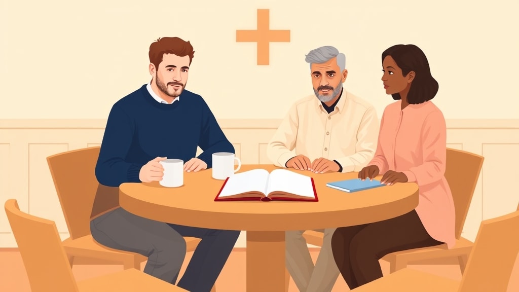Four diverse deacons sitting calmly together around a simple round wooden table in a warm fellowship hall looking together at a single printed coverage page on the table
