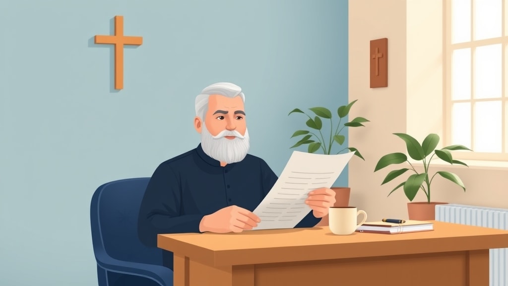 A friendly bearded white male deacon reading a single printed checklist page at a quiet wooden desk in a warm church office