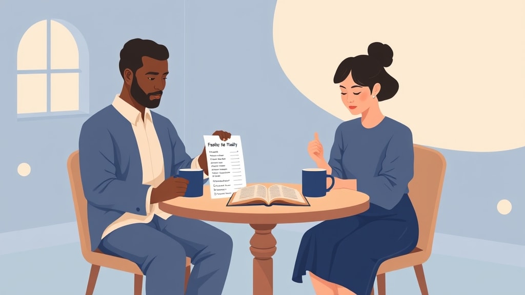 A friendly middle-aged white woman care team chair sitting calmly at a simple round wooden table in a warm cream-walled church meeting room holding a single simple wooden clipboard with a printed list of household names with small handwritten green check marks beside two diverse care team members listening attentively