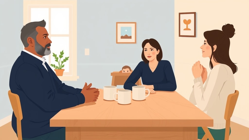 A middle-aged Hispanic male deacon visiting a young white couple with a small child at a warm kitchen table sharing coffee and cookies