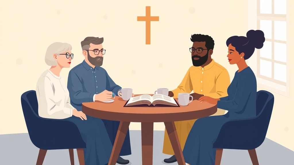 A small group of four diverse deacons sitting around a wooden table reviewing a single printed checklist page together in a church meeting room