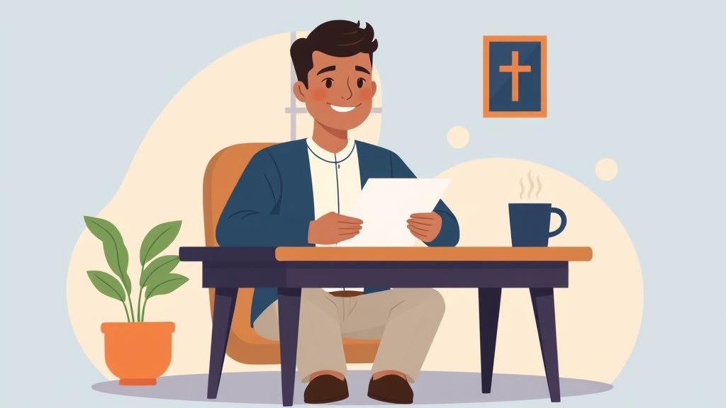 A friendly pastor at a wooden desk holding a single sheet of paper with thoughtful focus