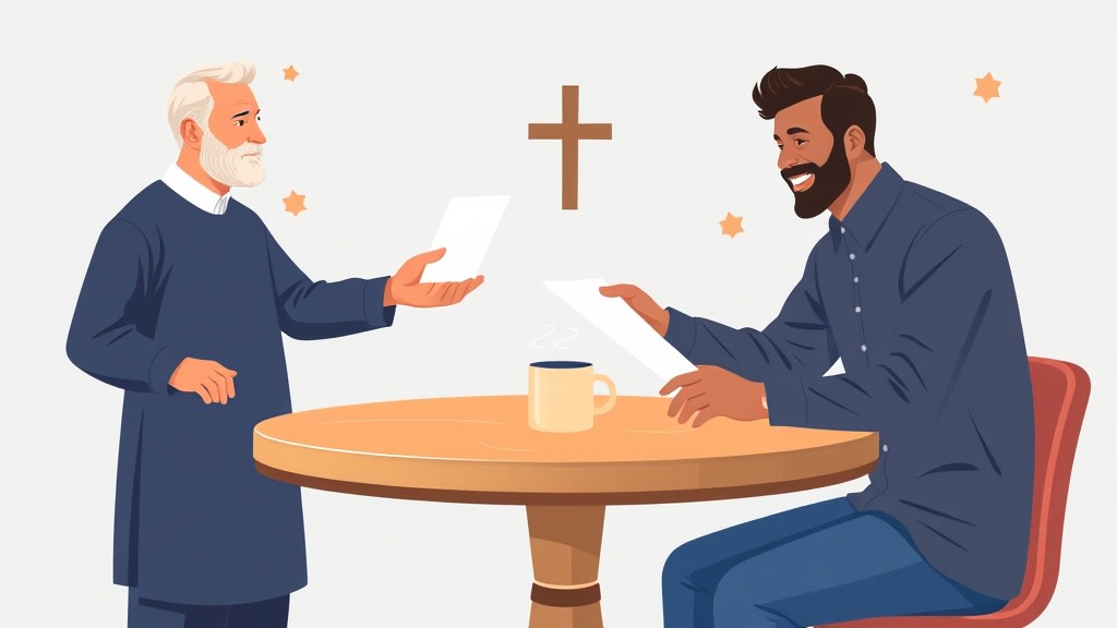 A deacon chair handing a single sheet of paper across a table to a seated pastor