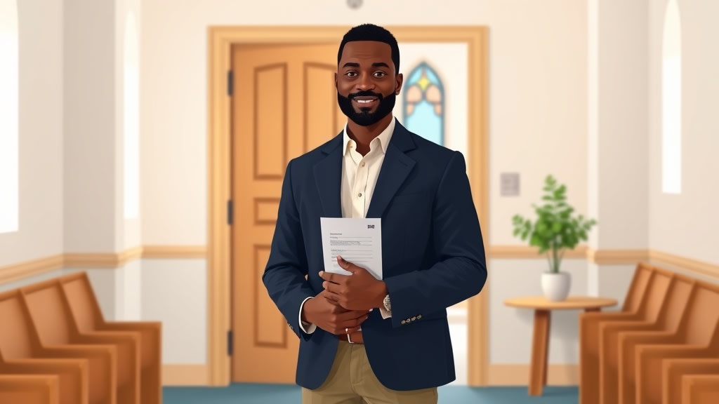 A friendly middle-aged African American deacon chair standing calmly in a small white church narthex holding a single printed family assignment list in both hands