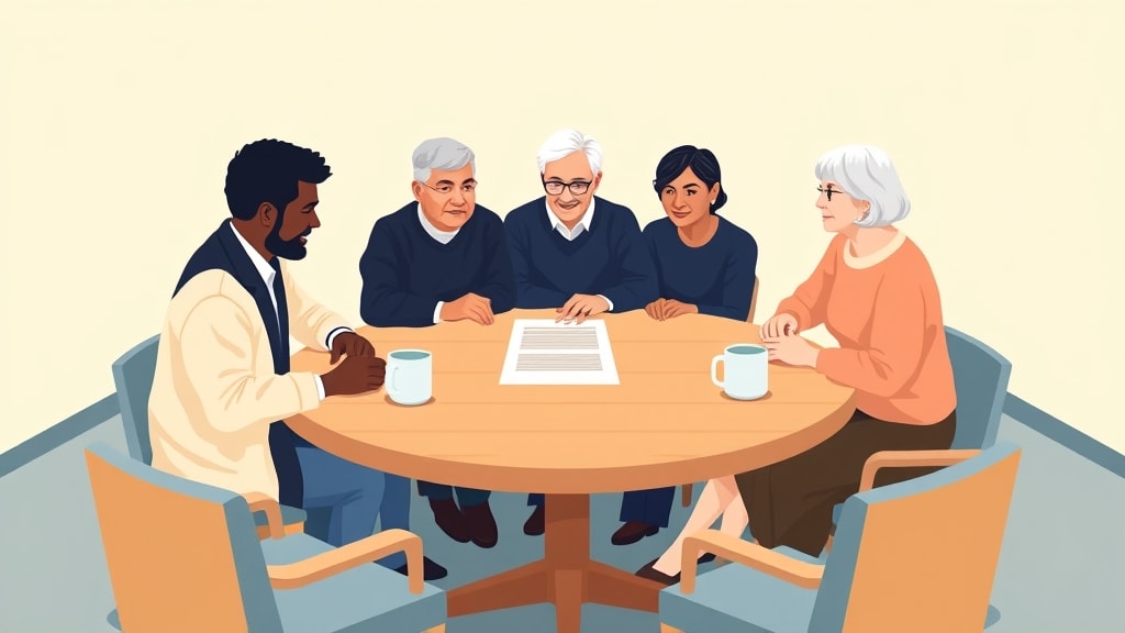 Five diverse deacons sitting calmly around a simple round wooden conference table in a warm cream-walled church meeting room with one printed coverage page resting flat in the center of the table