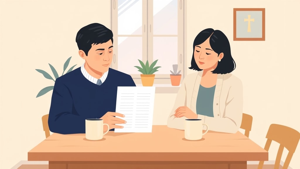 A middle-aged Asian deacon couple sitting calmly side by side at a simple wooden kitchen table at home looking together at a single printed family list and a phone resting flat on the table between them