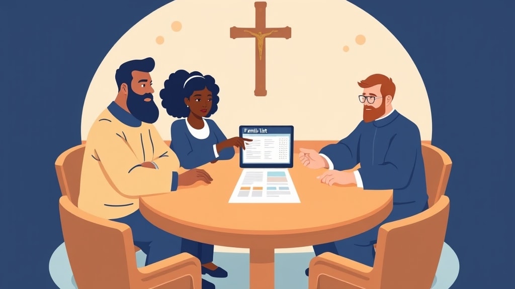 Diverse deacons meeting around a table reviewing the family list