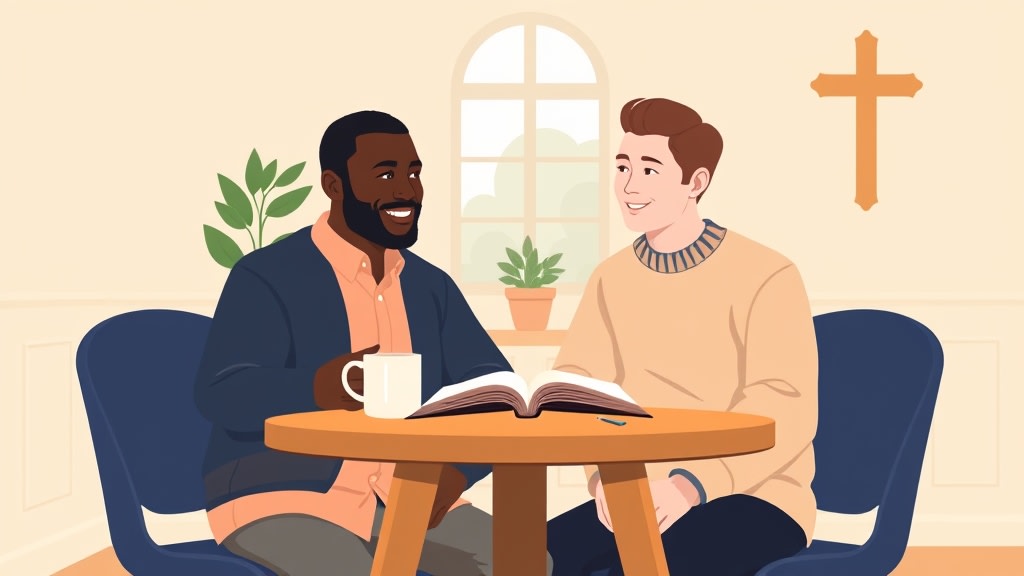 A middle-aged Black outgoing deacon and a younger white incoming deacon sitting calmly side by side at a small round wooden table in a warm church meeting room looking together at a single printed family page