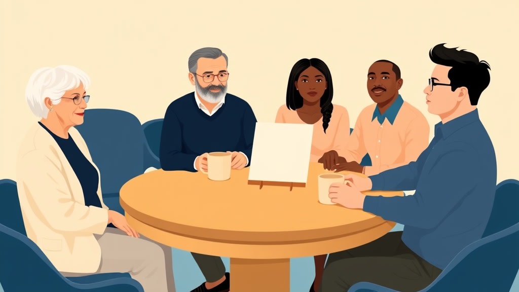 Four diverse deacons sitting calmly together around a simple round wooden table in a warm fellowship hall looking together at a single printed rotation page on the table
