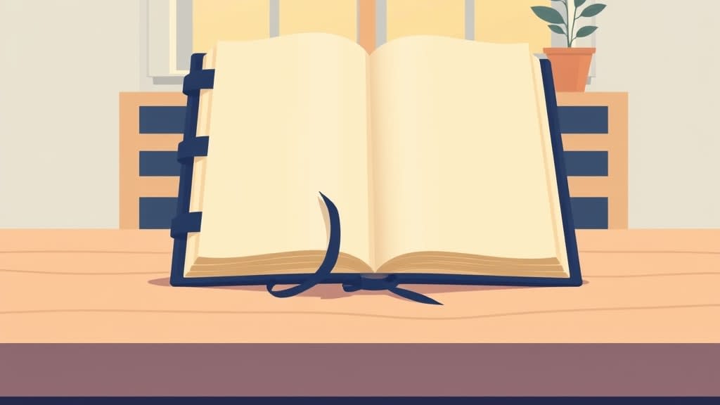 A single open cream planner book with a navy ribbon bookmark resting on a plain wooden church office desk beside a small wooden cross on the cream wall in warm afternoon window light, no people