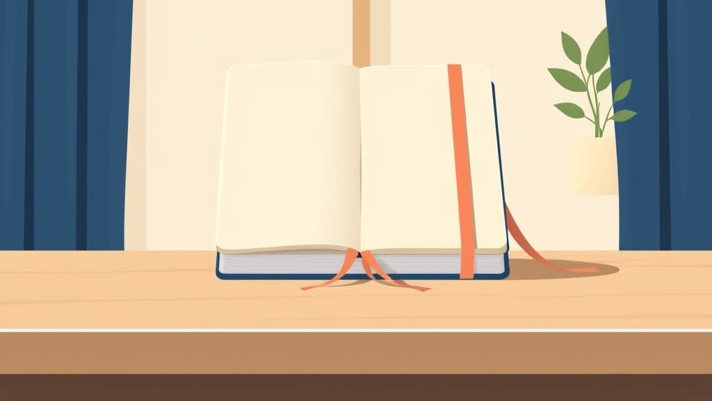 A closed cream planner book with a colorful navy and peach ribbon bookmark resting on a plain wooden church office desk in soft morning window light with a small wooden cross on the cream wall in the background, no people
