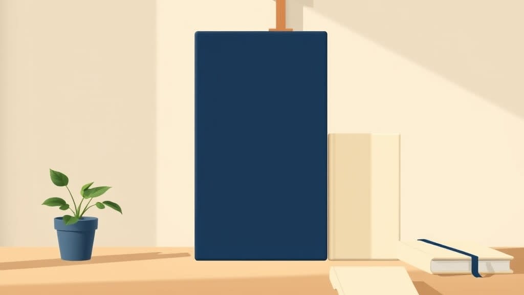 Two simple solid colored building block shapes, one navy and one cream, standing side by side on a plain wooden church office desk with a small wooden cross on the cream wall in soft afternoon light, no people