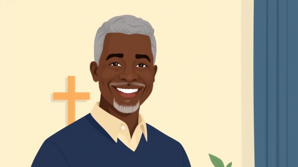 A friendly middle aged Black deacon with short greying hair and a warm smile standing warmly beside a plain wooden church office desk in a cream walled room with a small wooden cross on the wall, both hands resting gently at his sides