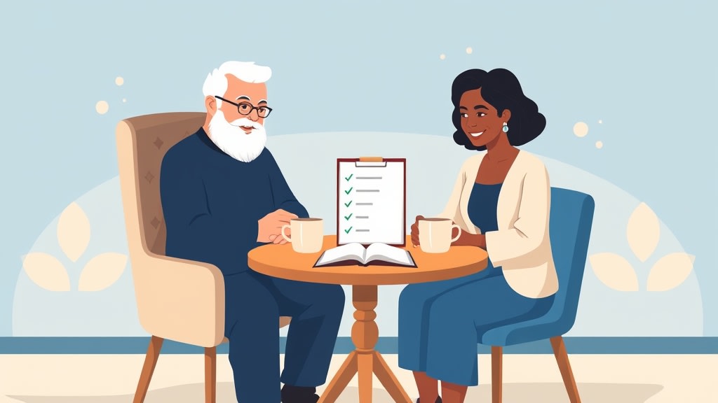 A friendly bearded white deacon chair and an African American woman deacon reviewing a clipboard with a list of family names together
