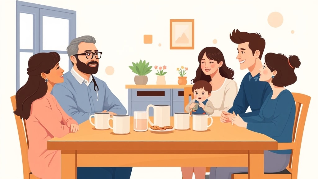 A middle-aged Asian male deacon visiting a young white couple with a small child at a warm kitchen table sharing coffee and cookies