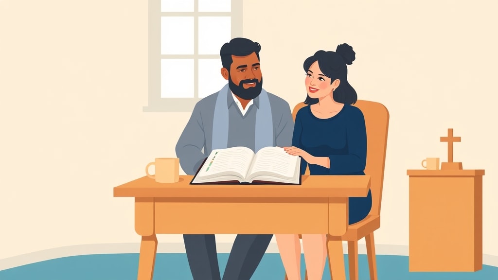 A friendly bearded Hispanic pastor and a white woman deacon chair sitting together at a quiet church office desk reviewing an open notebook