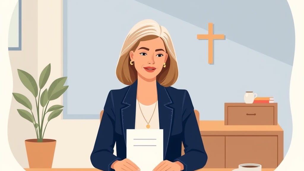 A friendly middle aged white woman care coordinator sitting calmly at a simple wooden desk in a warm cream walled church office looking thoughtfully at a single closed paper prayer list with a ceramic mug beside it