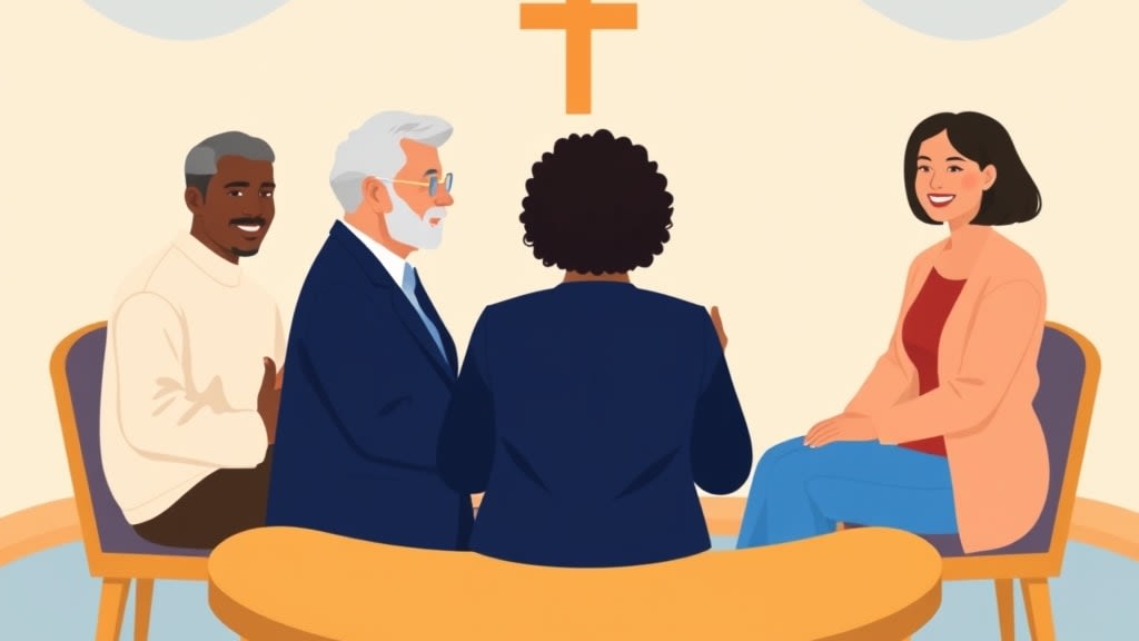A friendly diverse small group of four church care team members sitting calmly around a simple oval wooden table in a warm cream walled church meeting room a single closed paper roster and a ceramic mug in front of the woman leading the meeting
