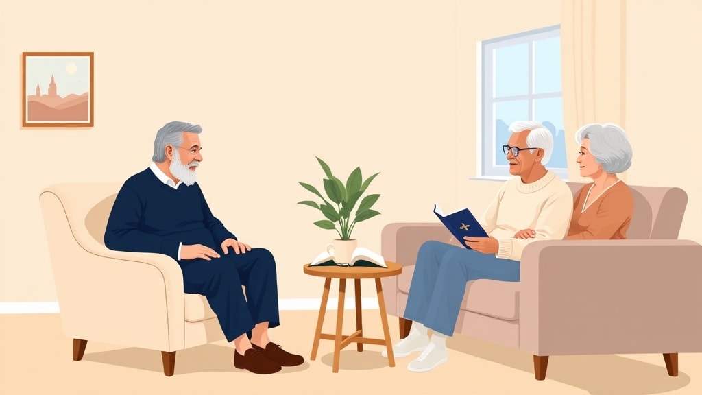 An older white male elder sitting calmly with an older couple in a warm cream-walled living room, an open Bible resting on a small side table between them