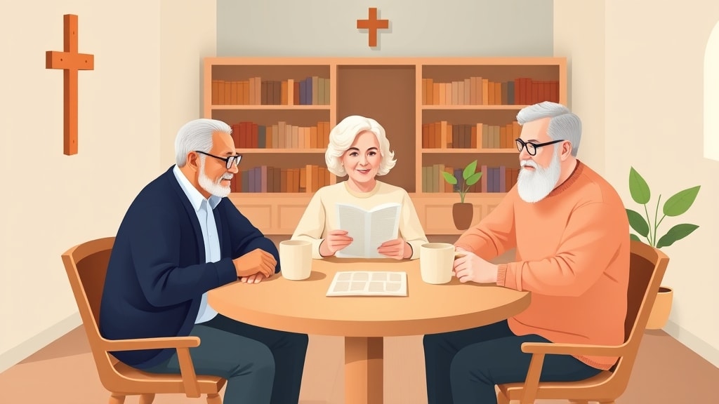 Three diverse elders sitting calmly around a simple round wooden table in a small warm church library room, all looking together at a single printed page resting flat on the table between them